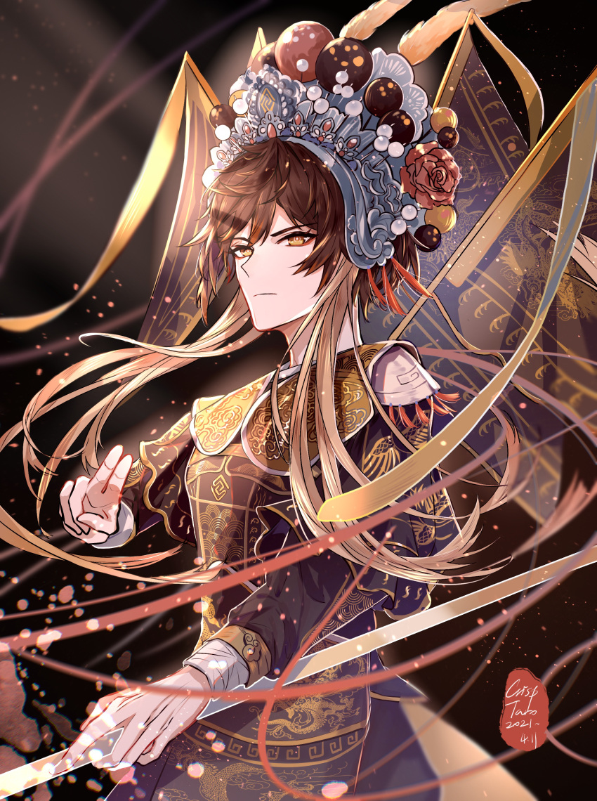 1boy absurdres alternate_costume bangs bird black_hair brown_hair chinese_clothes chinese_opera crackingtaro diamond-shaped_pupils diamond_(shape) eyebrows_visible_through_hair eyeliner eyeshadow flag flower genshin_impact gradient_hair hair_between_eyes hair_tie hand_up hanfu headdress highres holding holding_polearm holding_spear holding_weapon jewelry light long_hair long_sleeves makeup multicolored_hair orange_hair phoenix polearm red_eyeshadow red_flower red_rose rose shadow sidelocks signature solo spear standing symbol-shaped_pupils tassel twitter_username weapon yellow_eyes zhongli_(genshin_impact)