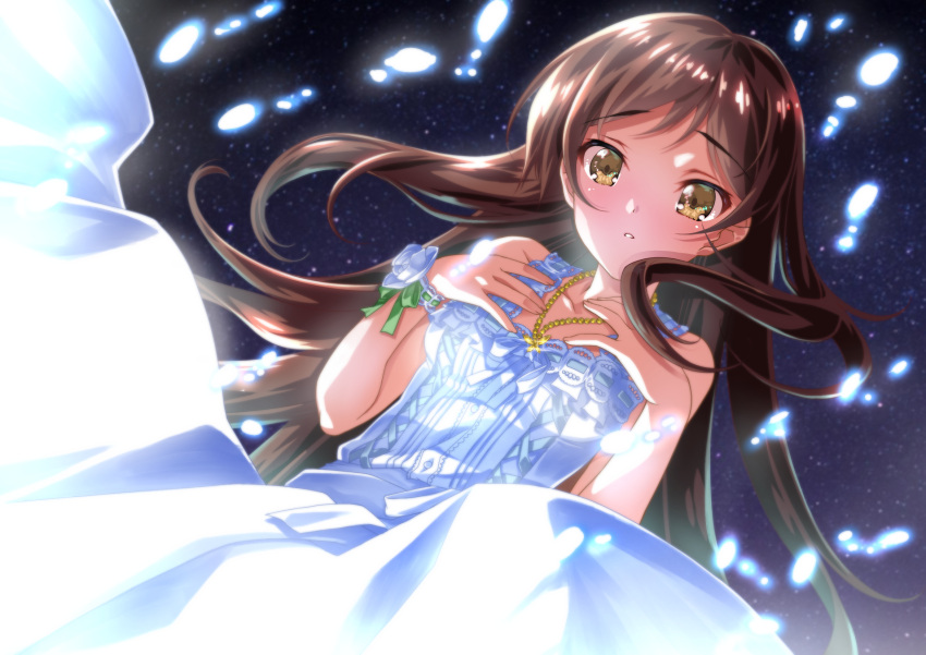 1girl bangs bare_arms bare_shoulders brown_hair commentary_request dress dutch_angle highres idolmaster idolmaster_million_live! idolmaster_million_live!_theater_days jewelry kitazawa_shiho long_dress long_hair looking_at_viewer necklace night parted_bangs pearl_necklace senomoto_hisashi sky sleeveless sleeveless_dress solo star_(sky) starry_sky sundress white_dress yellow_eyes