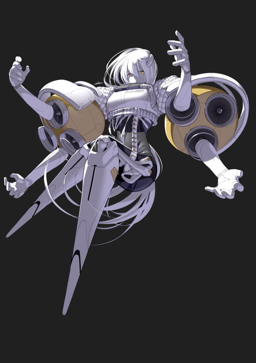 1girl android colored_skin english_commentary expressionless extra_arms full_body grey_background highres joints long_hair looking_at_viewer no_feet original robot_joints simple_background skeleton solo transparent_skin ub1mo very_long_hair white_hair white_skin yellow_eyes