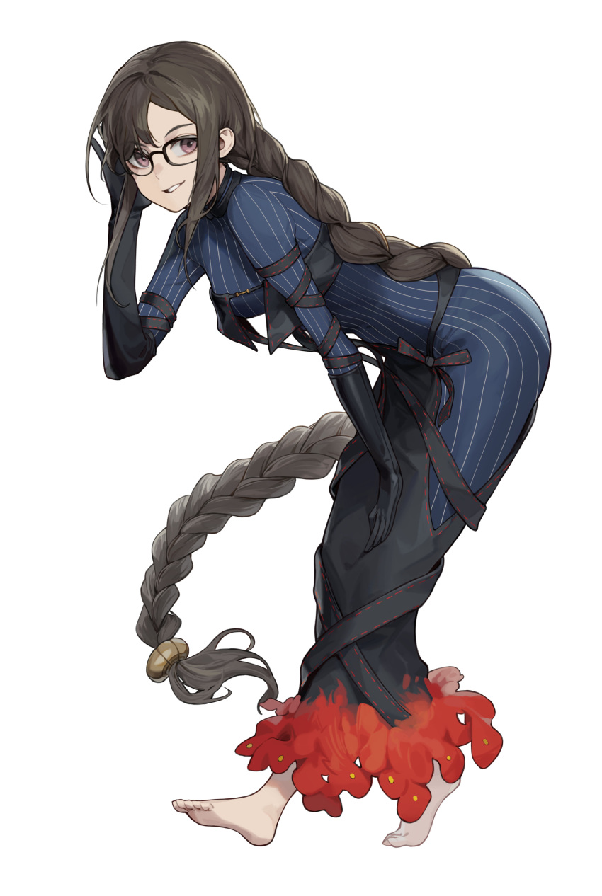 1girl absurdly_long_hair absurdres arm_strap bangs barefoot black_gloves black_skirt blue_dress braid brown_hair commentary_request cotta_(heleif) dress elbow_gloves fate_(series) full_body glasses gloves grin hand_on_head hand_on_own_knee hand_up highres leaning_forward long_hair looking_at_viewer parted_lips red_skirt sidelocks simple_background skirt smile solo striped striped_dress very_long_hair violet_eyes white_background yu_mei-ren_(fate)
