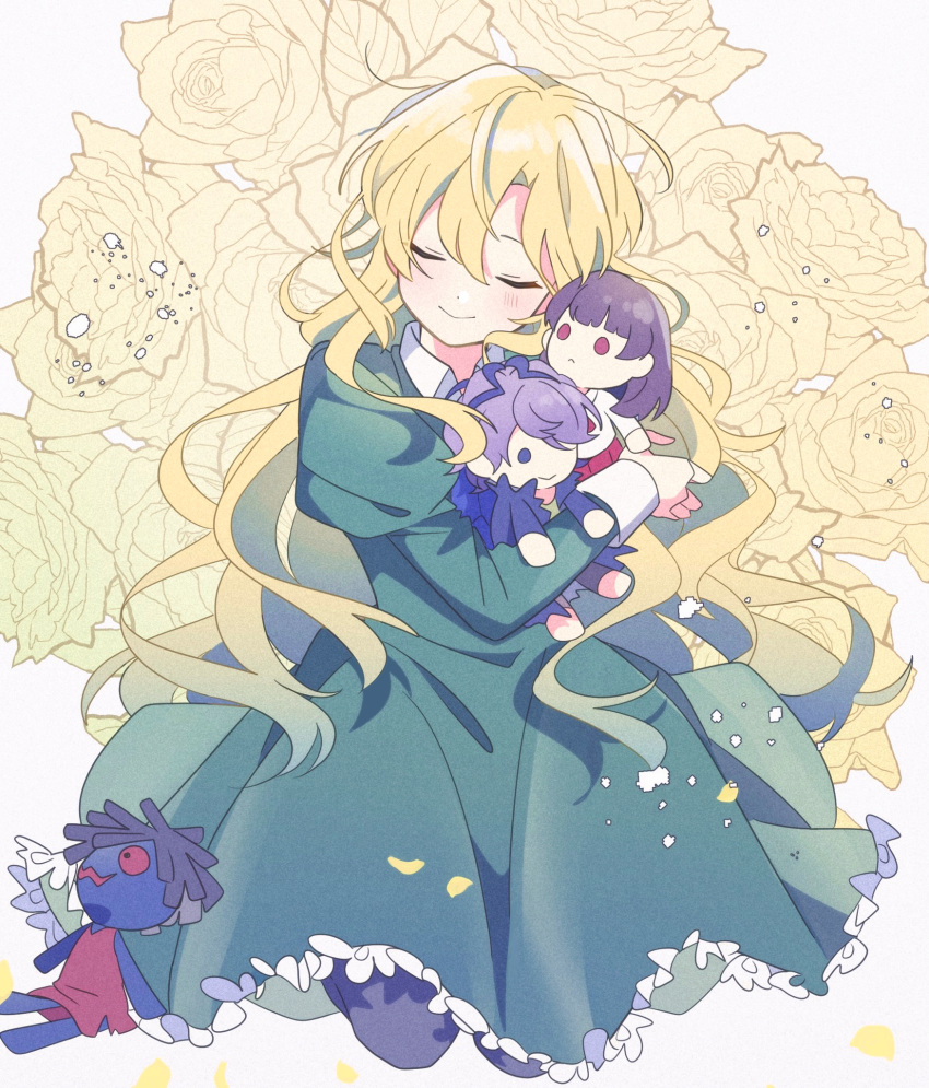 1boy 1other 2girls ascot bangs black_legwear blonde_hair blue_hair blue_skin brown_hair character_doll closed_eyes colored_skin commentary_request doll doll_(ib) dress dust flower frilled_dress frills garry_(ib) green_dress green_shirt hakuuyori highres holding holding_doll hug ib ib_(ib) jacket kneeling long_hair long_sleeves mary_(ib) multicolored_hair multiple_girls pantyhose petals pleated_skirt purple_hair purple_jacket red_dress red_eyes red_neckwear red_skirt rose shirt simple_background skirt smile streaked_hair torn_clothes violet_eyes white_background white_shirt yellow_flower yellow_rose