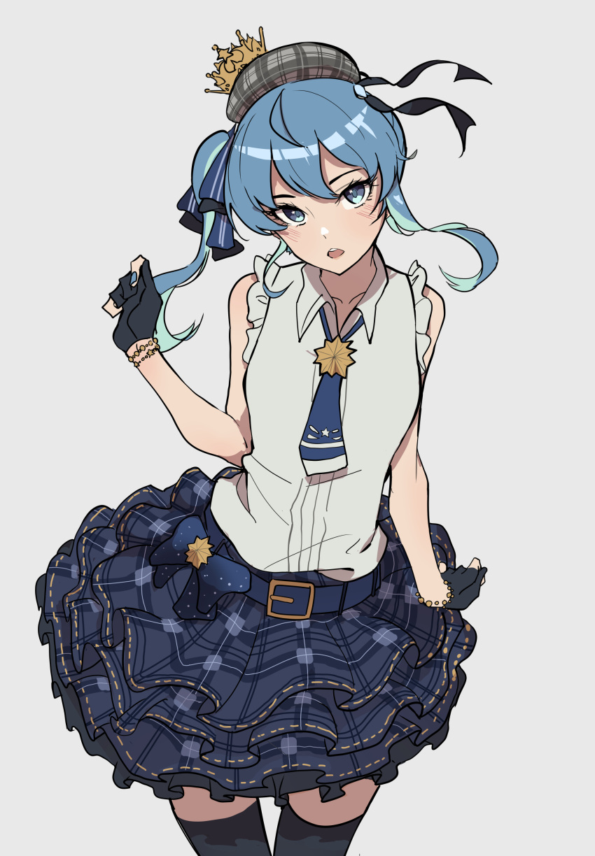 1girl absurdres bangs belt belt_buckle beret black_gloves black_legwear blouse blue_bow blue_eyes blue_hair blue_nails blue_neckwear blue_ribbon bow bracelet buckle chestnut_mouth collared_blouse cowboy_shot crown fingerless_gloves gloves hair_ribbon hat highres hololive hoshimachi_suisei idol jewelry longlong_(drasdr7513) looking_at_viewer medium_hair mini_crown necktie open_mouth plaid plaid_skirt ribbon side_ponytail simple_background skirt sleeveless solo star_(symbol) star_in_eye star_ornament symbol_in_eye thigh-highs virtual_youtuber white_background white_blouse