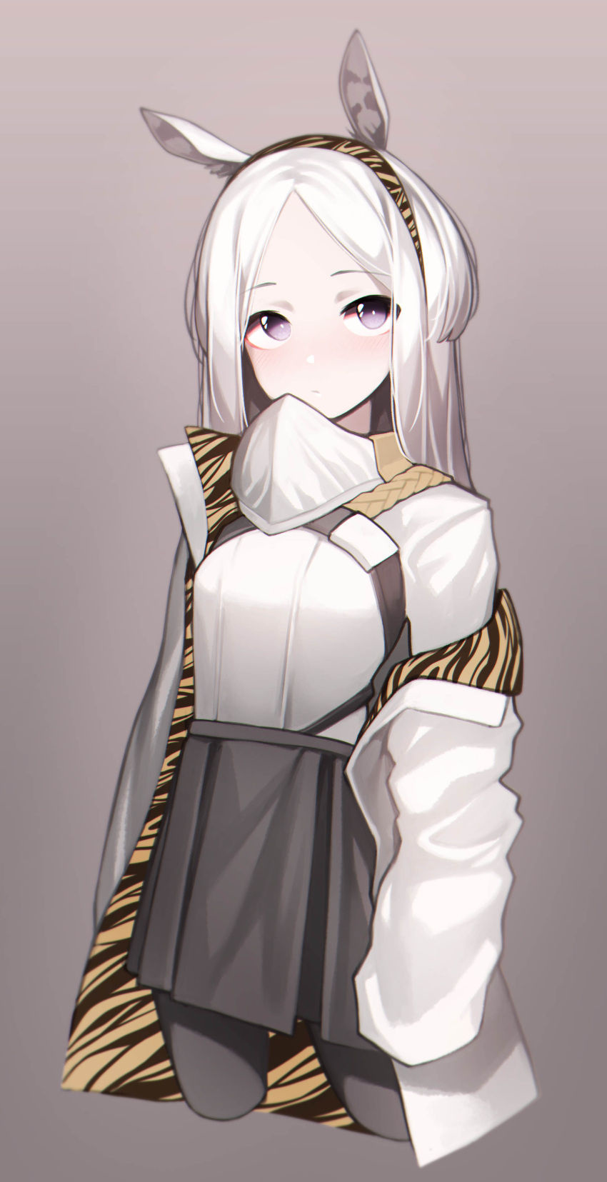 1girl absurdres arknights bangs beudelb black_legwear black_skirt closed_mouth commentary_request cropped_legs forehead grey_background heavyrain_(arknights) highres jacket korean_commentary long_hair off_shoulder open_clothes open_jacket pantyhose parted_bangs pleated_skirt shirt skirt solo violet_eyes white_hair white_jacket white_shirt
