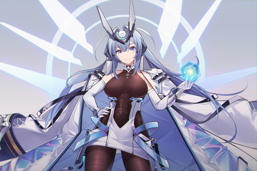 1girl absurdres azur_lane bangs black_legwear black_leotard blue_eyes blue_hair breasts coat coat_on_shoulders covered_navel dress elbow_gloves gloves grey_background hair_between_eyes hair_intakes highres huge_filesize large_breasts leotard long_hair looking_at_viewer mental_cube_(azur_lane) new_jersey_(azur_lane) pantyhose rabe26k short_dress skin_tight smile solo very_long_hair white_coat white_dress white_gloves