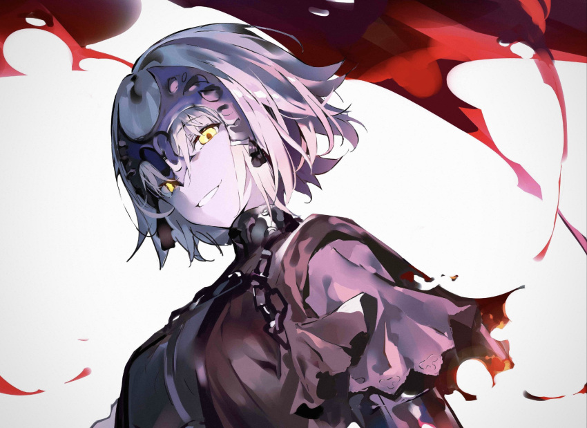1girl bangs breasts chain fate/grand_order fate_(series) hair_between_eyes headpiece highres jeanne_d'arc_(alter)_(fate) jeanne_d'arc_(fate)_(all) kagura_tohru looking_at_viewer open_mouth short_hair silver_hair simple_background smile solo teeth upper_body white_background yellow_eyes