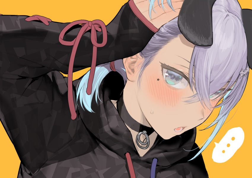 ... 1girl animal_ears bangs black_hoodie blue_eyes blue_hair blush choker close-up commentary_request dutch_angle eyebrows_visible_through_hair gradient_hair hair_between_eyes hair_ornament hand_on_head hood hoodie ikuchan_kaoru ikuchan_kaoru_(character) indie_virtual_youtuber looking_at_viewer lower_teeth multicolored_hair open_mouth orange_background original purple_hair short_hair simple_background sleeves_past_wrists solo speech_bubble star_(symbol) star_hair_ornament star_tattoo sweat symbol_in_eye tattoo upper_body virtual_youtuber