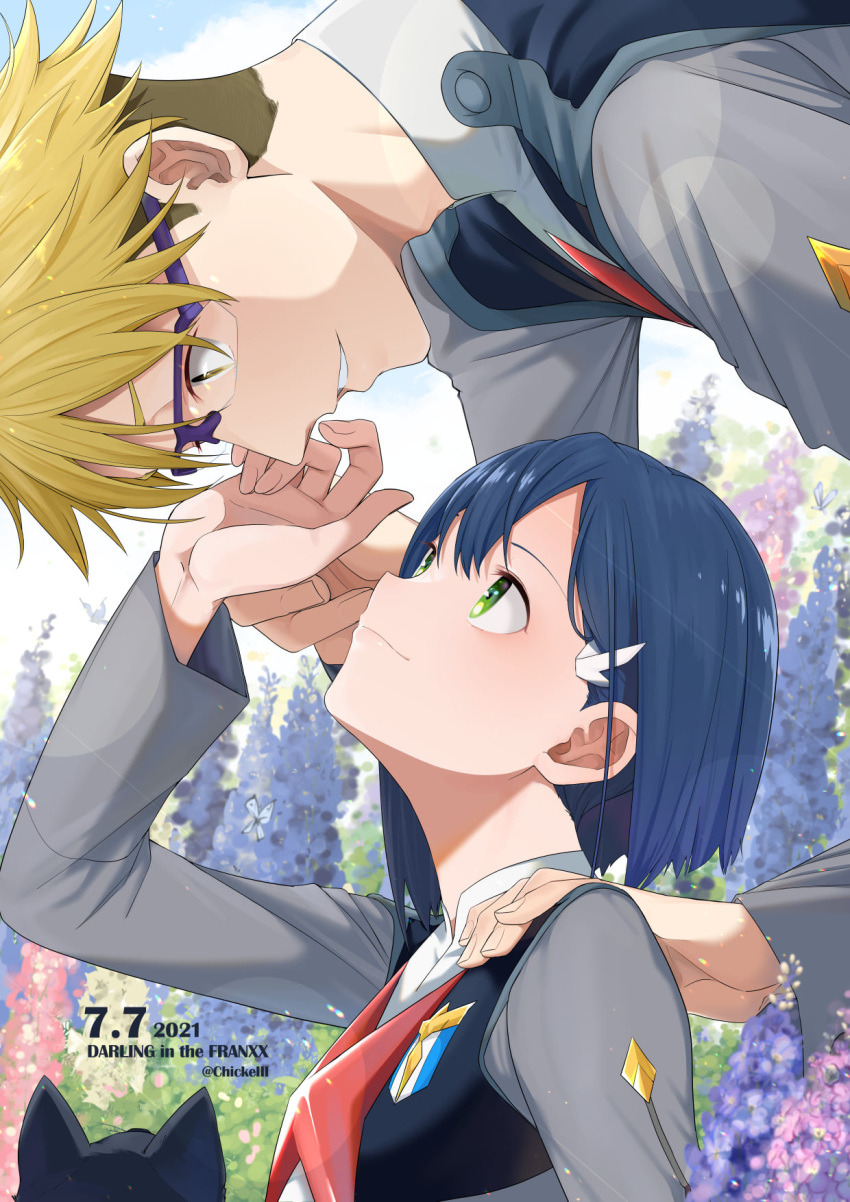 1boy 1girl bangs black_cat blue_hair blush brown_eyes cat chicke_iii closed_mouth commentary_request copyright_name darling_in_the_franxx dated eyebrows_behind_hair flower glasses gorou_(darling_in_the_franxx) green_eyes hair_between_eyes hair_ornament hairclip hand_on_another's_shoulder highres ichigo_(darling_in_the_franxx) lens_flare light_brown_hair long_sleeves looking_at_another looking_down looking_up military military_uniform outdoors parted_lips short_hair smile teeth twitter_username uniform upper_body