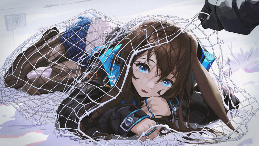 1girl absurdres amiya_(arknights) animal_ears arknights bangs black_coat black_gloves blue_eyes blue_skirt brown_hair brown_legwear coat commentary crying crying_with_eyes_open day ears_down fishing_net full_body gloves highres huge_filesize jewelry long_hair long_sleeves looking_at_viewer lying miniskirt multiple_rings net on_ground on_side open_mouth outdoors pantyhose plaid plaid_skirt pov rabbit_ears ring sign skirt snow solo_focus tears trapped ttk_(kirinottk) wavy_mouth winter