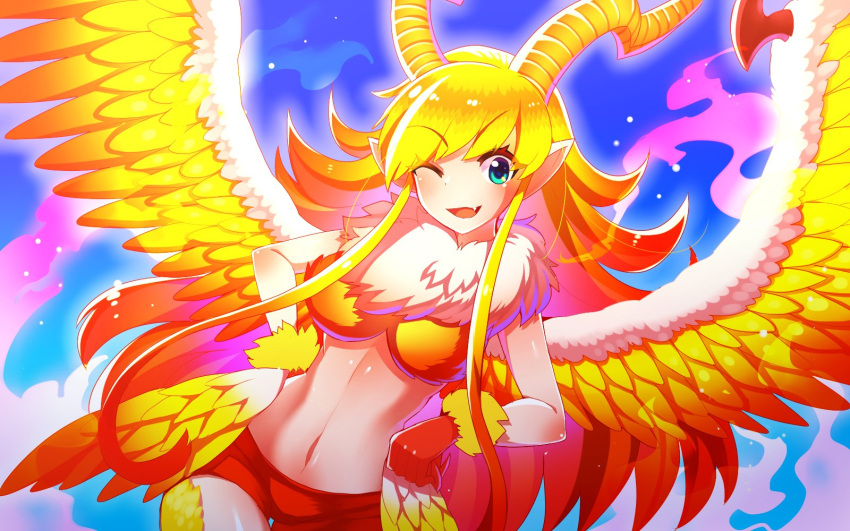 1girl bangs blonde_hair blue_background breasts dragalia_lost dragon_horns eyebrows_visible_through_hair green_eyes highres horns long_hair medium_breasts midriff navel one_eye_closed open_mouth phoenix_(dragalia_lost) pointy_ears solo tanpopo_hayabusa-maru upper_body wings