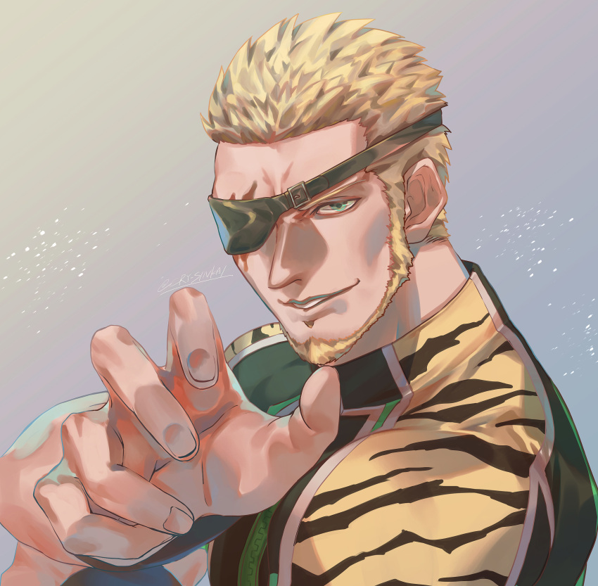 1boy absurdres animal_print blonde_hair claw_pose cry_sinkai eyepatch facial_hair goatee green_eyes highres looking_at_viewer muscular ramon_(kof) short_hair signature simple_background smile the_king_of_fighters tiger_print upper_body
