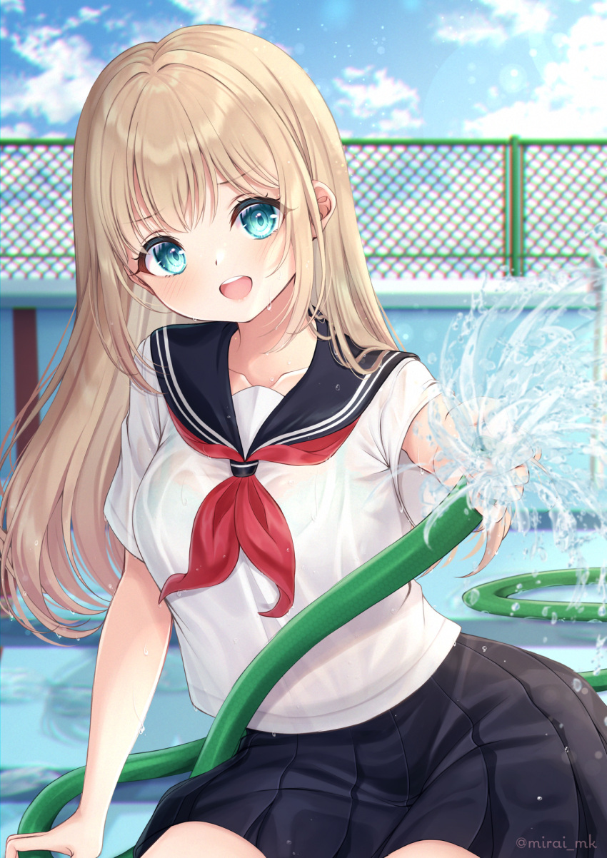 1girl :d bangs black_sailor_collar black_skirt blonde_hair blue_eyes blurry blurry_background blush bra bra_through_clothes chain-link_fence collarbone commentary_request day depth_of_field empty_pool eyebrows_visible_through_hair fence green_bra highres hose long_hair looking_at_viewer mirai_(happy-floral) neckerchief open_mouth original outdoors pleated_skirt red_neckwear sailor_collar school_uniform see-through serafuku shirt short_sleeves skirt smile solo twitter_username underwear upper_teeth very_long_hair water wet wet_clothes wet_shirt white_shirt