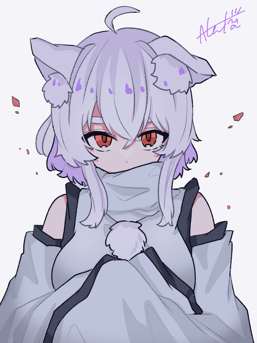 1girl ahoge akuta_neko animal_ear_fluff animal_ears arms_under_breasts bangs bare_shoulders breasts commentary_request covered_mouth detached_sleeves eyebrows_behind_hair hair_between_eyes hands_up highres inubashiri_momiji large_breasts long_sleeves looking_at_viewer no_hat no_headwear one-hour_drawing_challenge pom_pom_(clothes) red_eyes shirt short_hair sidelocks signature silver_hair simple_background sleeves_past_fingers sleeves_past_wrists solo thick_eyebrows touhou turtleneck upper_body white_background white_shirt wolf_ears