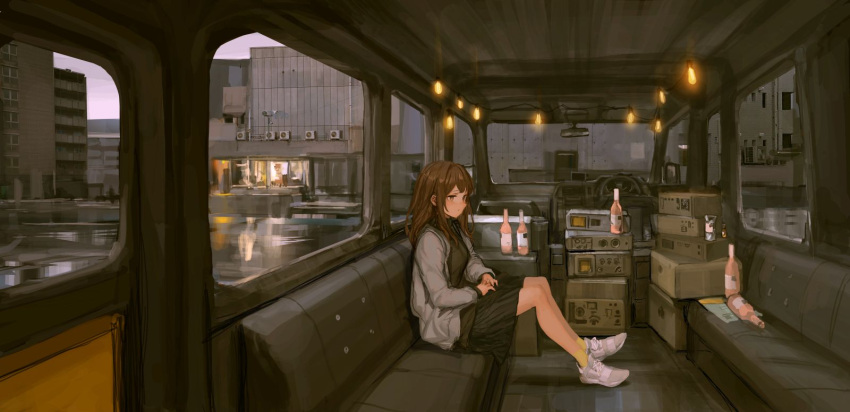 1girl air_conditioner bangs beer_bottle black_skirt bottle brown_eyes brown_hair bus car_interior cardigan couch day from_side green_legwear ground_vehicle highres lavender_quartz legs_together light_bulb lm7_(op-center) long_hair motor_vehicle on_couch open_cardigan open_clothes parted_lips pleated_skirt radio receiver right-hand_drive shoes sitting skirt sneakers socks solo string_of_light_bulbs