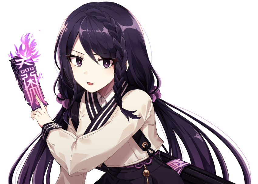 1girl black_skirt black_survival braid charm_(object) cropped_jacket hair_bobbles hair_ornament high-waist_skirt holding hyejin_(black_survival) jacket lix long_hair long_sleeves looking_at_viewer low_twintails open_mouth purple_hair sidelocks simple_background skirt solo twintails undershirt v-shaped_eyebrows very_long_hair violet_eyes white_background white_jacket