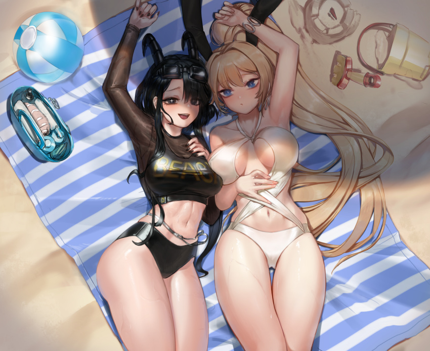 +_+ 2girls :d absurdres arm_up artist_request asymmetrical_docking ball beach beachball bikini black_bikini black_nails blonde_hair blue_eyes bracelet breast_press breasts bright_pupils commission earrings goggles goggles_on_head halterneck high_ponytail highres hoop_earrings horns huge_filesize jewelry large_breasts long_hair looking_at_viewer lying midriff multiple_girls nail_polish navel on_back open_mouth original sand_castle sand_sculpture second-party_source smile sweat swimsuit symbol-shaped_pupils thighs very_long_hair white_swimsuit