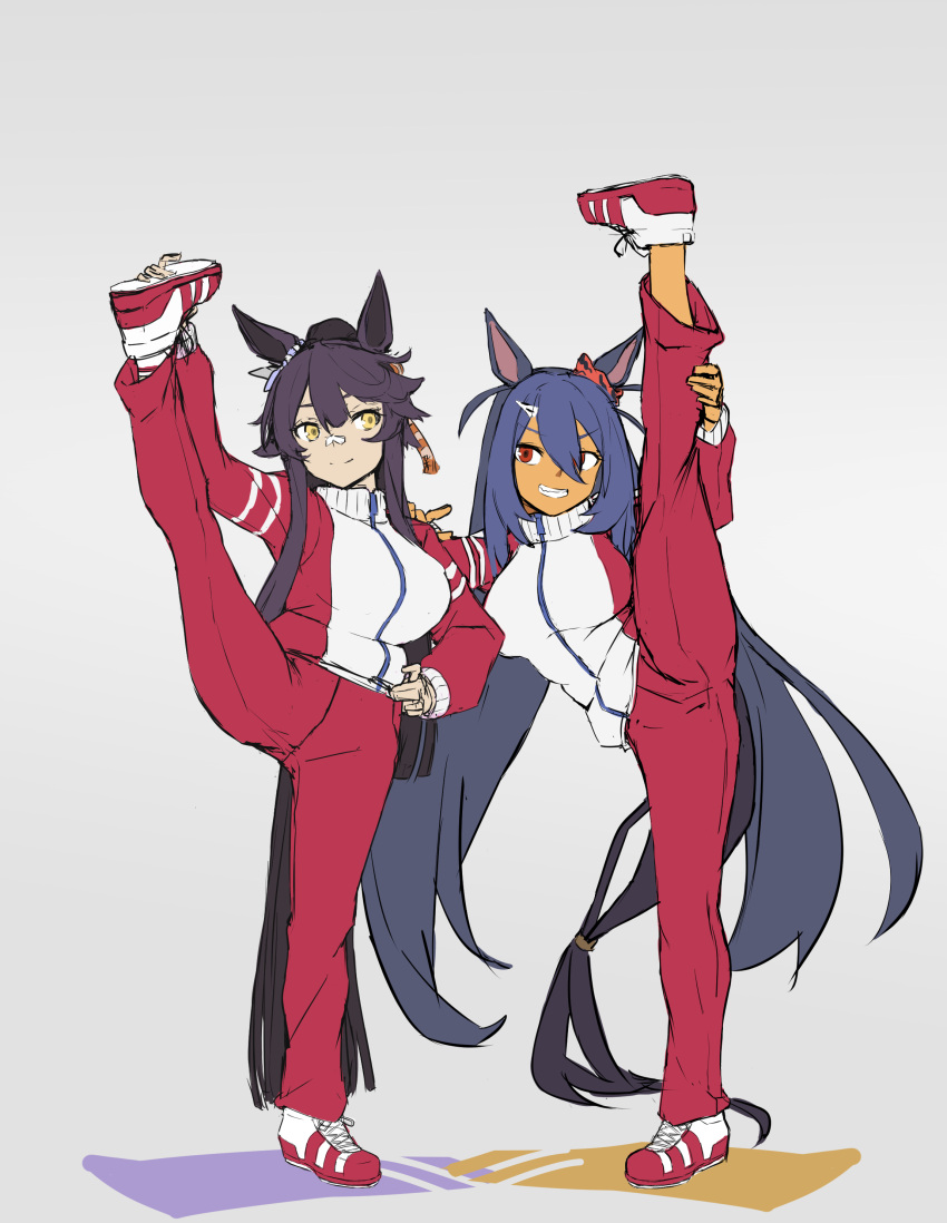 2girls absurdres animal_ears bandaid bandaid_on_nose bangs black_hair commentary_request dark_blue_hair ear_ornament eye_contact full_body grin hair_between_eyes hair_ornament hair_tie hairclip hand_on_another's_shoulder hand_on_hip hand_on_own_leg highres hishi_amazon_(umamusume) holding_own_foot horse_ears horse_girl horse_tail jacket long_hair long_sleeves looking_at_another mafuyu_no_mo multiple_girls narita_brian_(umamusume) pants red_eyes red_scrunchie red_track_suit scrunchie shoes sidelocks simple_background smile sneakers split standing standing_on_one_leg standing_split tail tan tied_hair track_jacket track_pants track_suit umamusume very_long_hair yellow_eyes