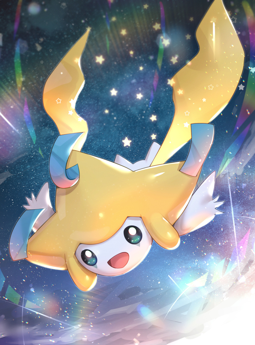 :d absurdres blue_eyes flying gen_3_pokemon gonzarez highres jirachi looking_at_viewer mythical_pokemon open_mouth pokemon smile sparkle star_(symbol)