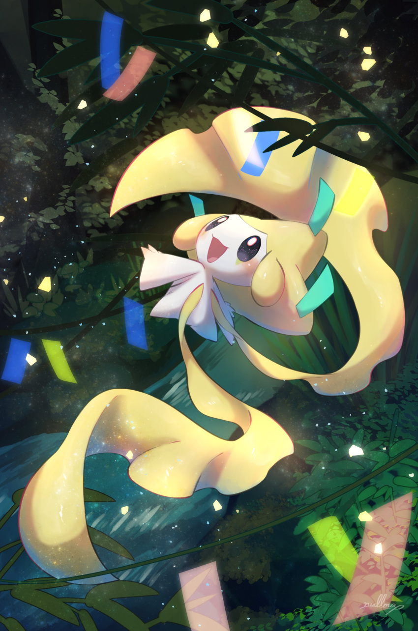 :d absurdres blush commentary_request gen_3_pokemon highres jirachi leaf looking_up mythical_pokemon night no_humans nullma open_mouth outdoors outstretched_arms pokemon pokemon_(creature) shiny smile solo stream tongue water