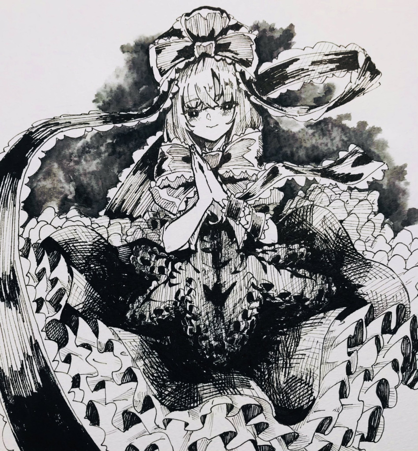 1girl anderson_m0311 arm_ribbon bangs commentary_request dress frilled_ribbon frills front_ponytail greyscale hair_ribbon hands_up highres kagiyama_hina long_hair looking_at_viewer monochrome own_hands_together palms_together ribbon short_sleeves solo touhou upper_body