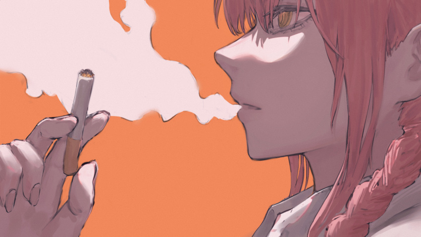 1girl 900p bangs braid braided_ponytail chainsaw_man cigarette commentary from_side highres holding holding_cigarette makima_(chainsaw_man) open_mouth orange_background redhead ringed_eyes sidelocks simple_background smoke solo yellow_eyes