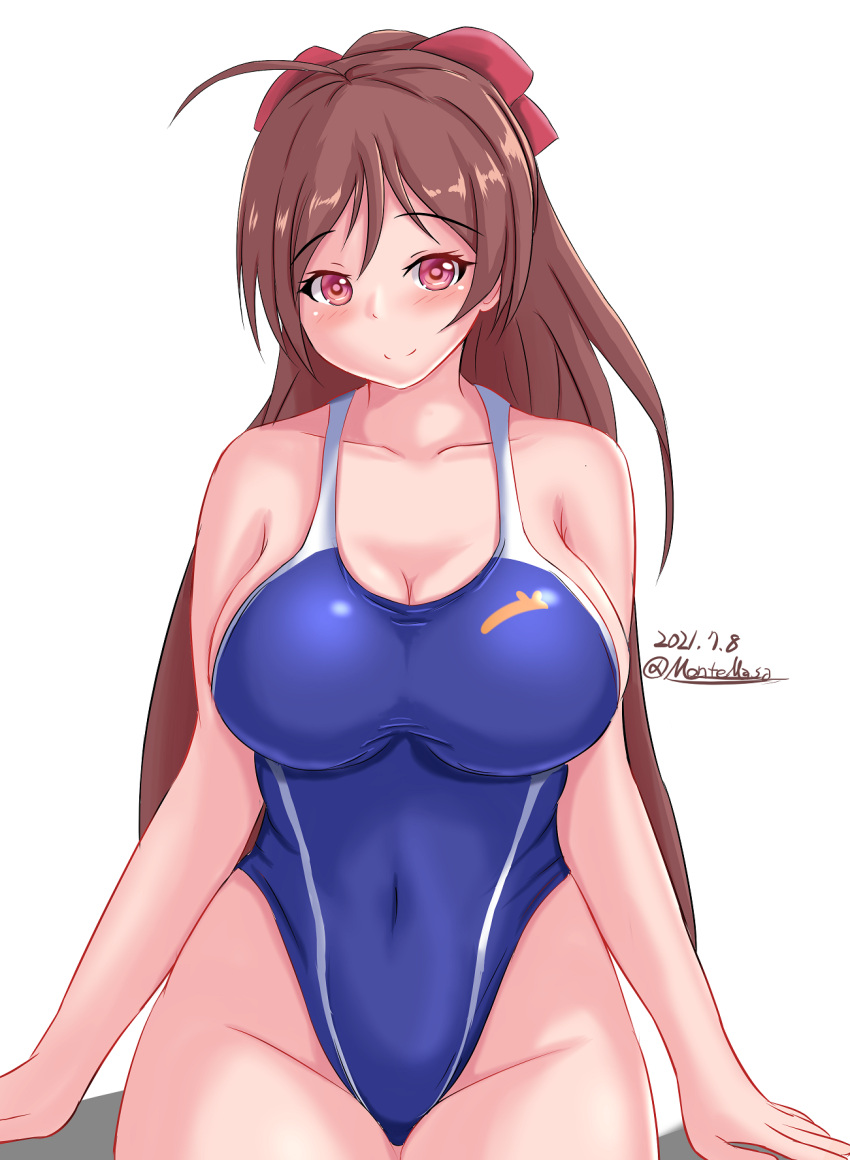 1girl ahoge blue_swimsuit breasts brown_hair commentary_request competition_swimsuit cowboy_shot dated hair_ribbon highleg highleg_swimsuit highres kantai_collection large_breasts long_hair looking_at_viewer mamiya_(kancolle) montemasa one-piece_swimsuit red_eyes ribbon simple_background sitting solo swimsuit twitter_username white_background
