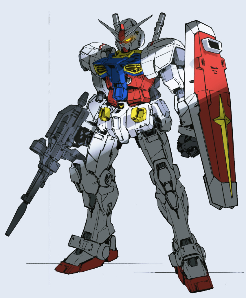 1other absurdres beam_rifle clenched_hand energy_gun full_body glowing glowing_eyes gun gundam highres holding holding_gun holding_shield holding_weapon jnt joints mecha mobile_suit mobile_suit_gundam no_humans robot_joints rx-78-2 scope shield solo standing weapon white_background yellow_eyes