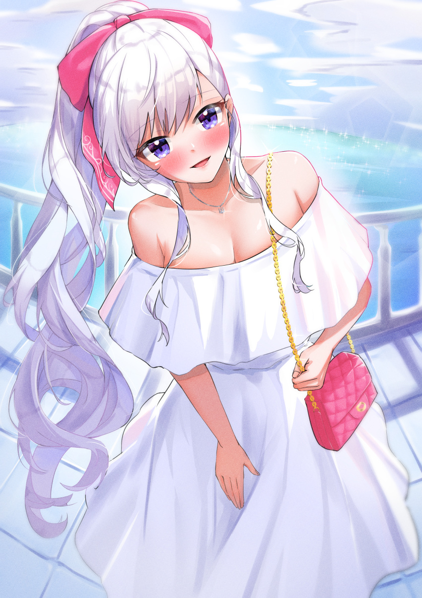 1girl :d absurdres alternate_costume alternate_hairstyle azur_lane bag bare_shoulders belfast_(azur_lane) blue_sky blush bow clouds collarbone commentary_request day dress hair_bow handbag head_tilt highres huge_filesize jewelry long_dress long_hair looking_at_viewer marumai necklace off-shoulder_dress off_shoulder open_mouth outdoors pink_bow pink_handbag ponytail railing silver_hair sky smile solo strapless strapless_dress very_long_hair violet_eyes water white_dress