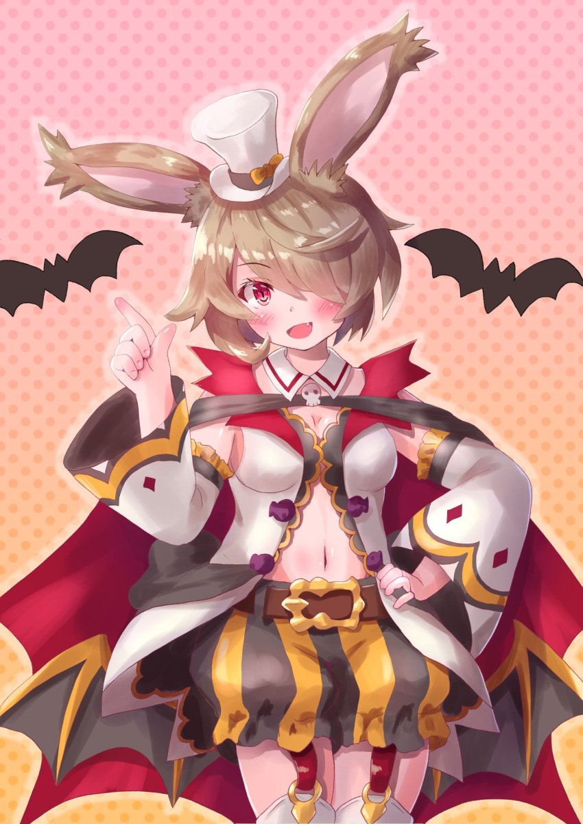 1girl althemia animal_ears bangs bat belt blonde_hair breasts cocoasabure dragalia_lost eyebrows_visible_through_hair garter_straps halloween_costume hat highres looking_at_viewer medium_breasts mini_hat mini_top_hat navel official_alternate_costume open_mouth rabbit_ears red_eyes short_hair solo top_hat