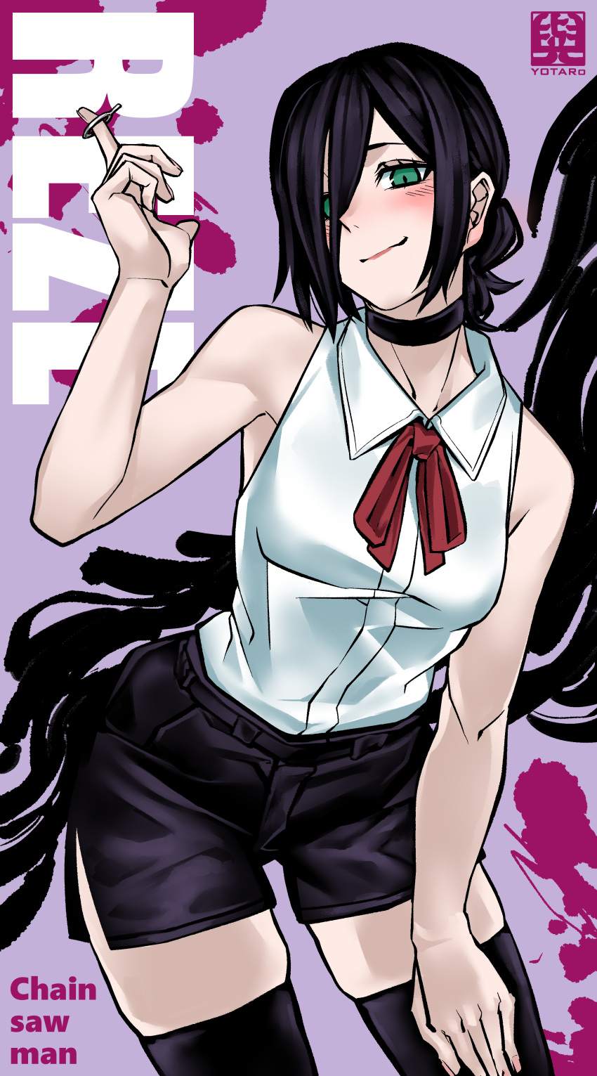 1girl absurdres black_choker black_hair black_legwear black_shorts blush breasts chainsaw_man character_name choker collared_shirt colorized fingernails green_eyes grenade_pin hair_bun hair_over_one_eye hand_on_own_thigh highres leaning_forward looking_at_viewer purple_background red_neckwear reze_(chainsaw_man) shirt shirt_tucked_in short_hair shorts side_slit sleeveless sleeveless_shirt small_breasts smile solo thigh-highs white_shirt yotaro
