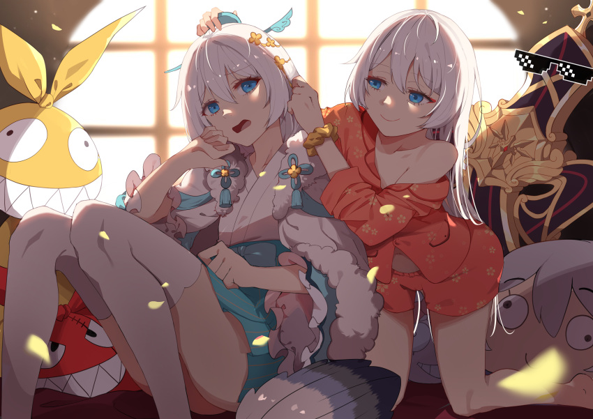 2girls absurdres bangs bima_rahmaa blue_eyes chinese_clothes closed_mouth cross_(weapon) doll dual_persona fan hair_between_eyes hair_ornament highres homu_(honkai_impact) honkai_(series) honkai_impact_3rd multiple_girls open_mouth pajamas sitting smile stuffed_toy sunlight theresa_apocalypse theresa_apocalypse_(starlit_astrologos) thigh-highs white_hair white_legwear zhuge_kongming_(honkai_impact)