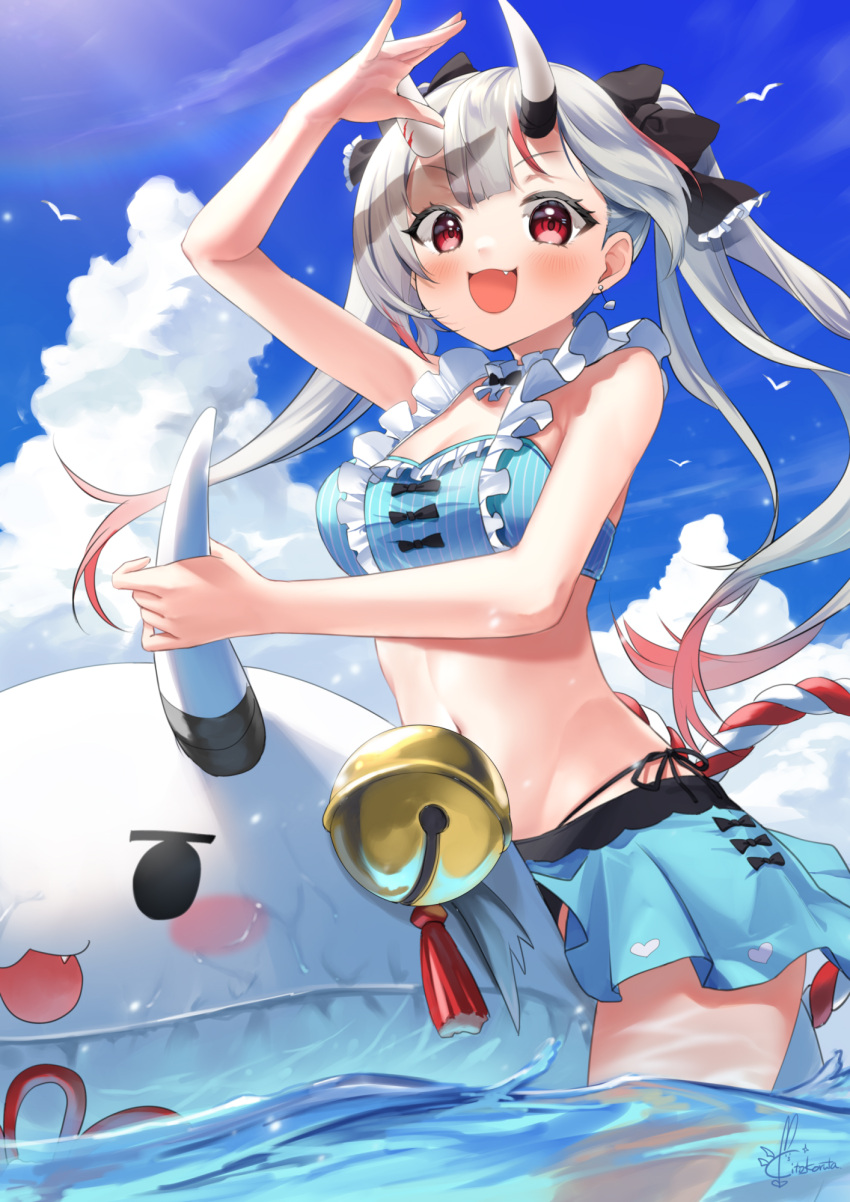 1girl :d bangs bare_arms bare_shoulders bell bikini bikini_skirt black_bow blue_bikini blue_skirt blue_sky blush bow breasts clouds collar commentary_request day earrings eyebrows_visible_through_hair fang floating_hair gradient_hair hair_bow highres hololive horns inflatable_toy jewelry jingle_bell kito_koruta long_hair looking_at_viewer medium_breasts miniskirt multicolored_hair nakiri_ayame oni oni_horns open_mouth outdoors poyoyo_(nakiri_ayame) red_eyes redhead side-tie_bikini signature silver_hair skirt sky smile solo swimsuit tassel twintails very_long_hair virtual_youtuber water white_collar