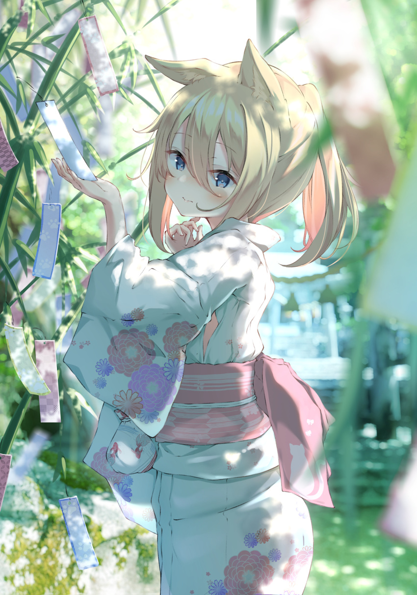 1girl absurdres animal_ear_fluff animal_ears bangs blonde_hair blue_eyes blurry blurry_background blurry_foreground blush cat_ears closed_mouth commentary_request day depth_of_field eyebrows_visible_through_hair floral_print hair_between_eyes hand_up highres japanese_clothes kimono long_sleeves looking_to_the_side obi original outdoors ponytail print_kimono sash solo tanabata tanzaku ukiwakisen white_kimono wide_sleeves yukata