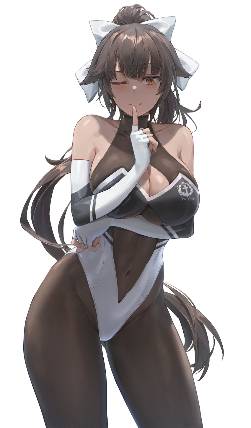 1girl absurdres azur_lane bangs bare_shoulders black_hair blush bow breasts cleavage_cutout clothing_cutout elbow_gloves fingerless_gloves free_style_(yohan1754) gloves hair_flaps highres index_finger_raised large_breasts leotard long_hair looking_at_viewer multicolored_leotard one_eye_closed pantyhose ponytail smile solo takao_(azur_lane) takao_(full_throttle_charmer)_(azur_lane) thighs two-tone_leotard white_bow white_gloves