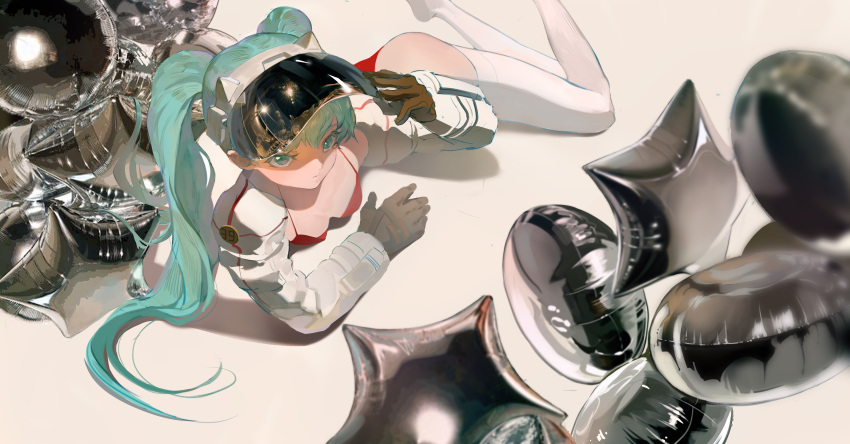 1girl absurdres adjusting_clothes adjusting_headwear aqua_eyes aqua_hair arm_support balloon bangs beige_background blurry blurry_foreground bra breasts brown_gloves closed_mouth commentary_request expressionless gloves hatsune_miku helmet highres jacket long_hair long_sleeves looking_at_viewer mr._owlish on_floor panties red_bra red_panties shadow simple_background small_breasts solo thigh-highs twintails underwear vocaloid white_jacket white_legwear