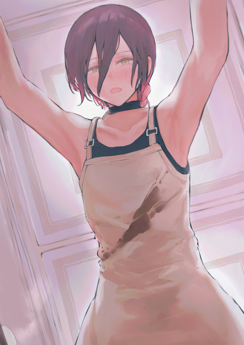 1girl 900p absurdres apron armpits arms_up bangs bare_shoulders black_choker black_hair blush chainsaw_man choker collarbone commentary gradient_hair green_eyes grenade_pin hair_between_eyes hair_bun highres huge_filesize looking_at_viewer medium_hair multicolored_hair open_mouth pink_hair reze_(chainsaw_man) sleeveless solo symbol_commentary