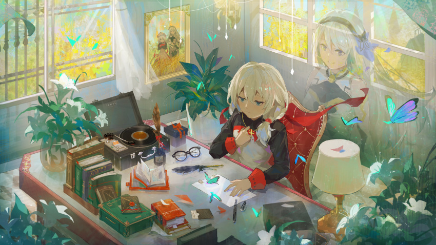 2girls absurdres bangs benghuai_xueyuan blue_butterfly blue_eyes book bug butterfly cecilia_schariac chain-link_fence fence ghost glasses hair_between_eyes hand_on_own_chest highres honkai_(series) honkai_impact_3rd indoors insect lamp long_hair long_sleeves multiple_girls music_box nun paper pen picture_frame plant quill side_ponytail sitting theresa_apocalypse white_hair window zzz_(orchid-dale)