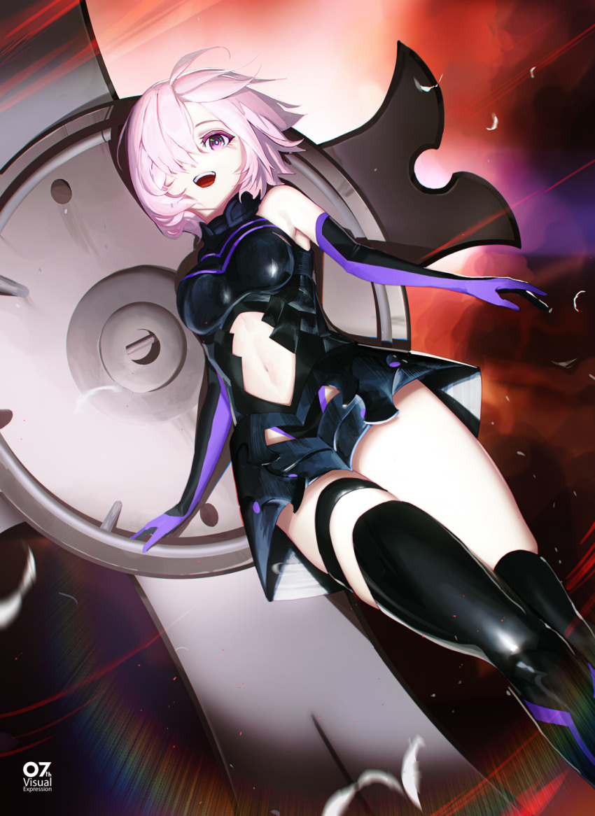 1girl armor armored_dress bangs bare_shoulders black_gloves black_legwear blush breasts commentary_request costor32 duplicate fate/grand_order fate_(series) gloves hair_over_one_eye highres holding holding_shield looking_at_viewer mash_kyrielight medium_breasts navel pink_hair pixel-perfect_duplicate purple_gloves shield short_hair smile solo thigh-highs upper_teeth violet_eyes