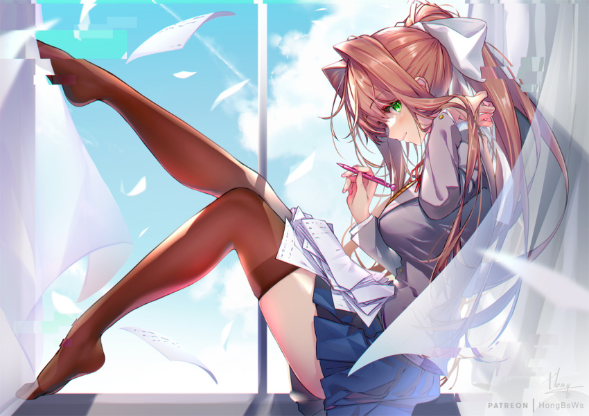 1girl blue_skirt blue_sky breasts brown_hair clouds curtains day doki_doki_literature_club floating floating_object full_body green_eyes hair_ribbon holding holding_pen hong_(white_spider) leg_up long_hair looking_at_viewer medium_breasts monika_(doki_doki_literature_club) paper patreon_username pen ponytail profile ribbon sitting skirt sky smile solo thigh-highs thighs white_ribbon window zettai_ryouiki