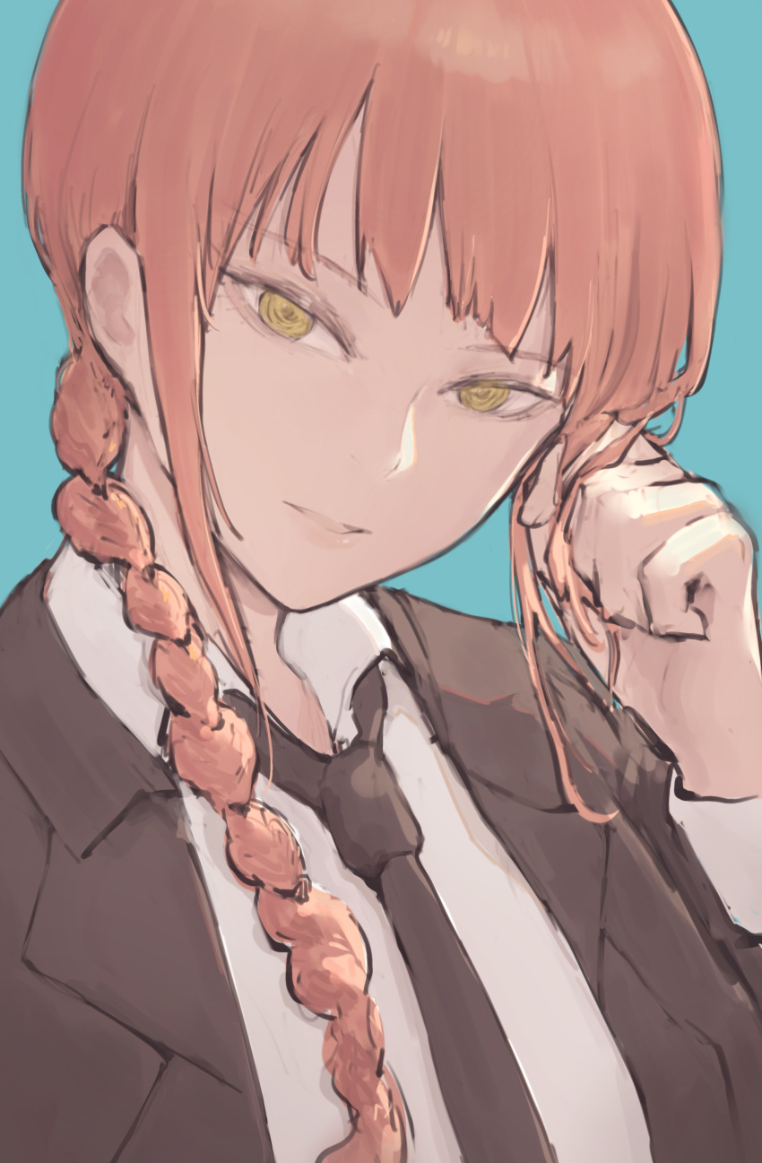 1girl 900p absurdres bangs black_jacket black_neckwear blue_background braid braided_ponytail business_suit chainsaw_man collared_shirt commentary_request formal highres jacket long_sleeves looking_at_viewer makima_(chainsaw_man) medium_hair necktie office_lady open_mouth redhead ringed_eyes shirt sidelocks simple_background smile solo suit white_shirt yellow_eyes