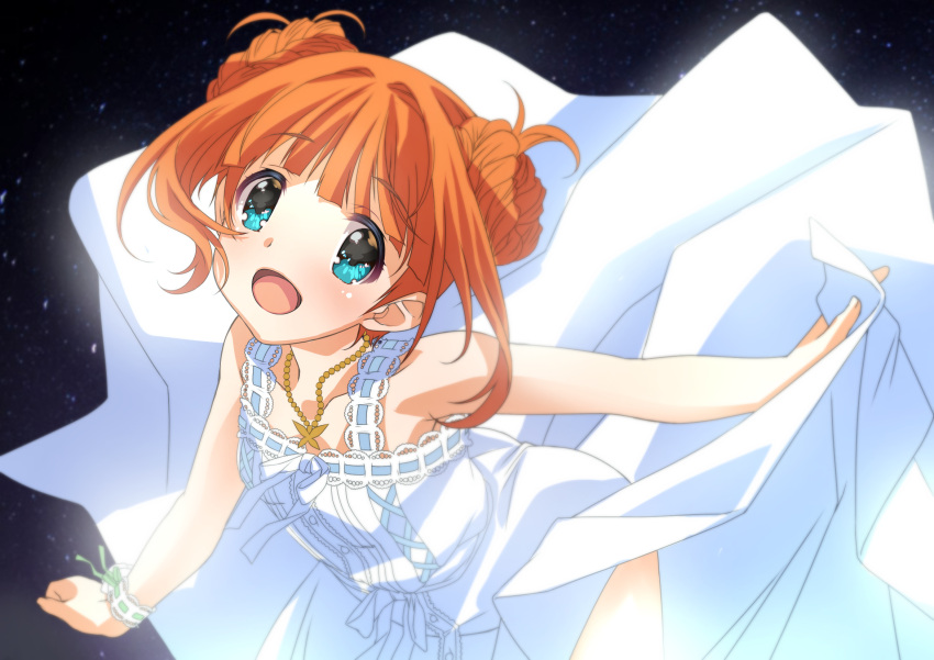 1girl aqua_eyes bare_arms bare_shoulders braid braided_bun commentary_request double_bun dress highres idolmaster idolmaster_(classic) idolmaster_million_live! idolmaster_million_live!_theater_days jewelry long_dress long_hair looking_at_viewer necklace night open_mouth orange_hair pearl_necklace senomoto_hisashi skirt_hold sky sleeveless sleeveless_dress solo star_(sky) starry_sky sundress takatsuki_yayoi white_dress