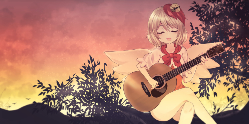 1girl 2girls :d absurdres animal_on_head bangs bird bird_on_head bird_wings blonde_hair bow chick closed_eyes crossed_legs evening eyebrows_visible_through_hair gradient_sky guitar highres holding holding_instrument instrument multicolored_hair multiple_girls music niwatari_kutaka on_head open_mouth outdoors playing_instrument red_bow red_neckwear redhead short_hair short_sleeves sky smile solo subaru_(subachoco) touhou tree two-tone_hair wings