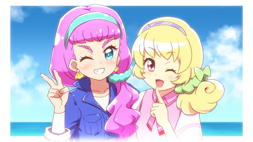 2girls ;d aikatsu!_(series) aikatsu_stars! aqua_hairband aqua_scrunchie blonde_hair blue_eyes blue_jacket blue_sky border bow close-up clouds cloudy_sky collarbone collared_jacket collared_vest commentary_request crossover curly_hair day earrings green_bow green_scrunchie grin hair_bow hair_ornament hair_over_shoulder hair_scrunchie hair_up hairband hand_up heart heart_hair_ornament heart_in_eye highres hinata_yume index_finger_raised jacket jewelry laura_la_mer long_hair looking_at_viewer mewkledreamy multiple_girls namesake neck_ribbon ocean one_eye_closed open_mouth outdoors outside_border pink_eyes pink_hair pink_ribbon pink_vest pointing pointing_up precure purple_hairband ribbon rin_takanashi_glacies scrunchie shell shell_earrings shirt shoulder-to-shoulder side_ponytail sky smile star_(symbol) star_in_eye striped striped_ribbon symbol_in_eye teeth thick_eyebrows tropical-rouge!_precure undershirt upper_body v vest white_border white_shirt