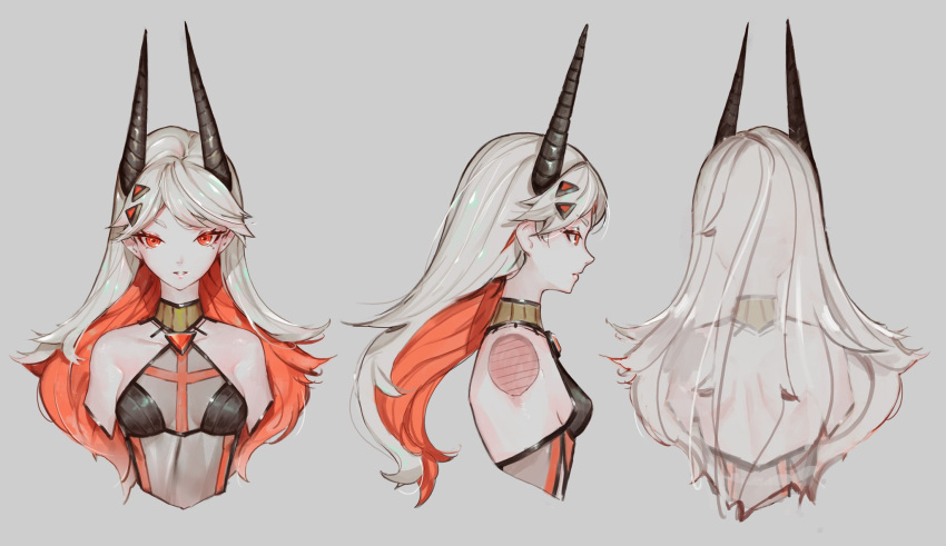 1girl breasts character_sheet colored_inner_hair cropped_torso eyebrows_behind_hair highres horns mahou_arms multicolored_hair multiple_views official_art orange_eyes orange_hair sideboob silver_hair small_breasts softmode v-shaped_eyebrows xerxes_(mahou_arms)