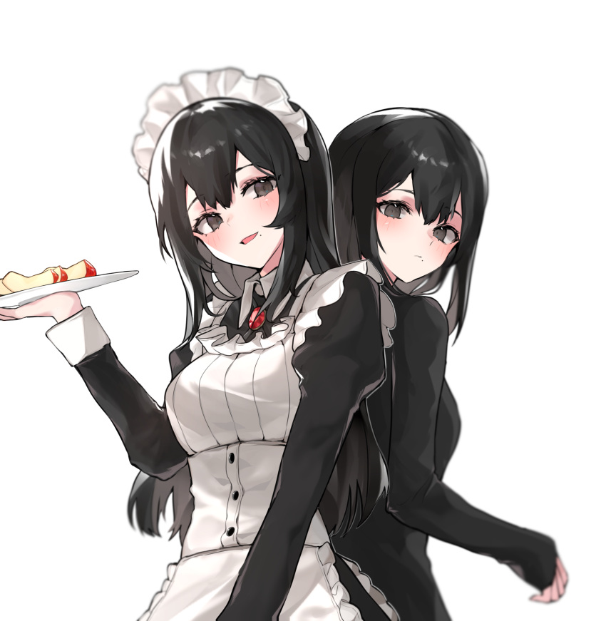 2girls absurdres apple_slice apron bangs black_dress black_hair brooch brown_eyes closed_mouth collar commentary_request danbal dress hair_between_eyes hand_up highres holding holding_tray jewelry juliet_sleeves korean_commentary long_hair long_sleeves looking_at_viewer maid maid_apron maid_headdress mole mole_under_mouth multiple_girls original parted_lips puffy_sleeves shiny shiny_hair simple_background sleeves_past_wrists smile tray upper_body white_background white_collar