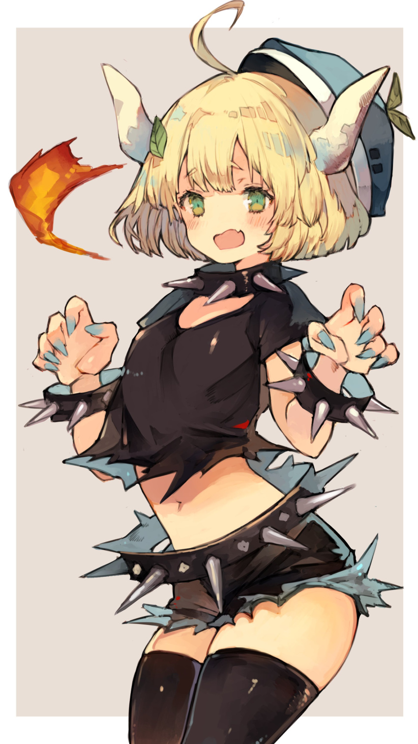 1girl absurdres ahoge bangs beret blonde_hair blue_headwear bowsette bowsette_(cosplay) bracelet breasts claw_pose collar commission cosplay fen_(vtuber) green_eyes hat highres horns indie_virtual_youtuber jewelry kemomin_nosuke super_mario_bros. navel open_mouth second-party_source short_hair skeb_commission skindentation small_breasts solo spiked_belt spiked_bracelet spiked_collar spikes thigh-highs virtual_youtuber