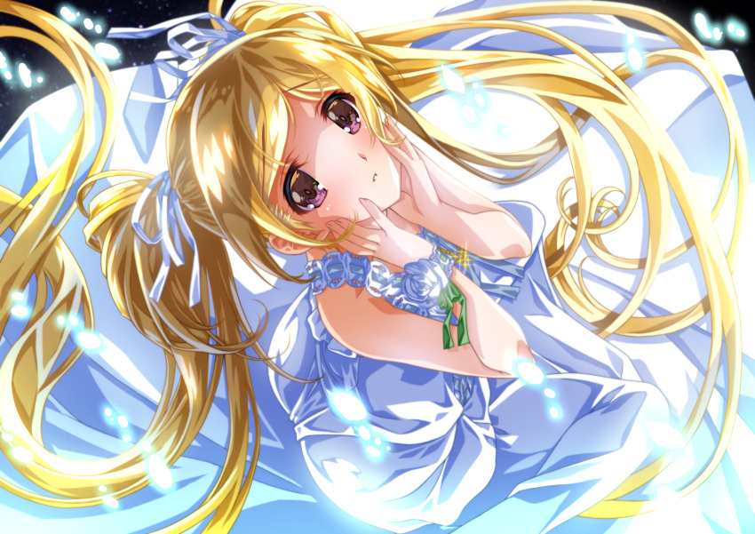 1girl bare_arms bare_shoulders blonde_hair commentary_request dress emily_stewart hair_ribbon highres idolmaster idolmaster_million_live! idolmaster_million_live!_theater_days jewelry long_dress long_hair looking_at_viewer looking_up necklace night pearl_necklace ribbon senomoto_hisashi sky sleeveless sleeveless_dress star_(sky) starry_sky sundress twintails violet_eyes white_dress white_ribbon