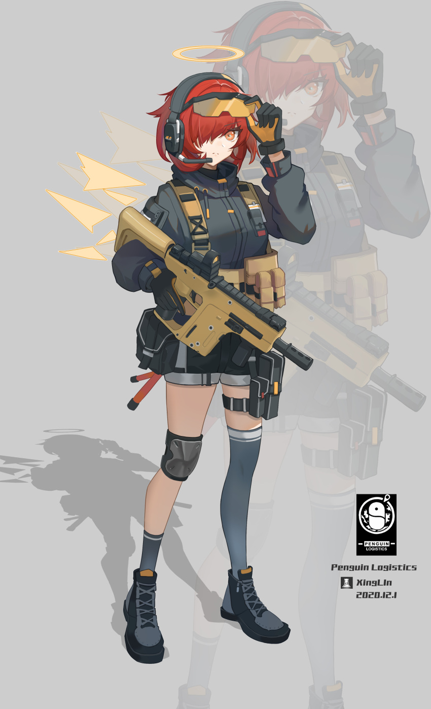 1girl absurdres adjusting_eyewear arknights artist_name belt_pouch black_gloves black_jacket black_shorts boots closed_mouth commentary dated energy_wings english_text exusiai_(arknights) eyebrows_visible_through_hair frown full_body gloves goggles goggles_on_head grey_legwear gun hair_over_one_eye halo hand_up headset highres holding holding_gun holding_weapon holster jacket knee_pads kriss_vector load_bearing_vest long_sleeves looking_at_viewer one_eye_closed orange-tinted_eyewear orange_eyes penguin_logistics_logo pouch redhead shadow short_hair shorts single_sock single_thighhigh socks solo standing submachine_gun thigh-highs thigh_holster tinted_eyewear weapon xiaolintongxue zoom_layer