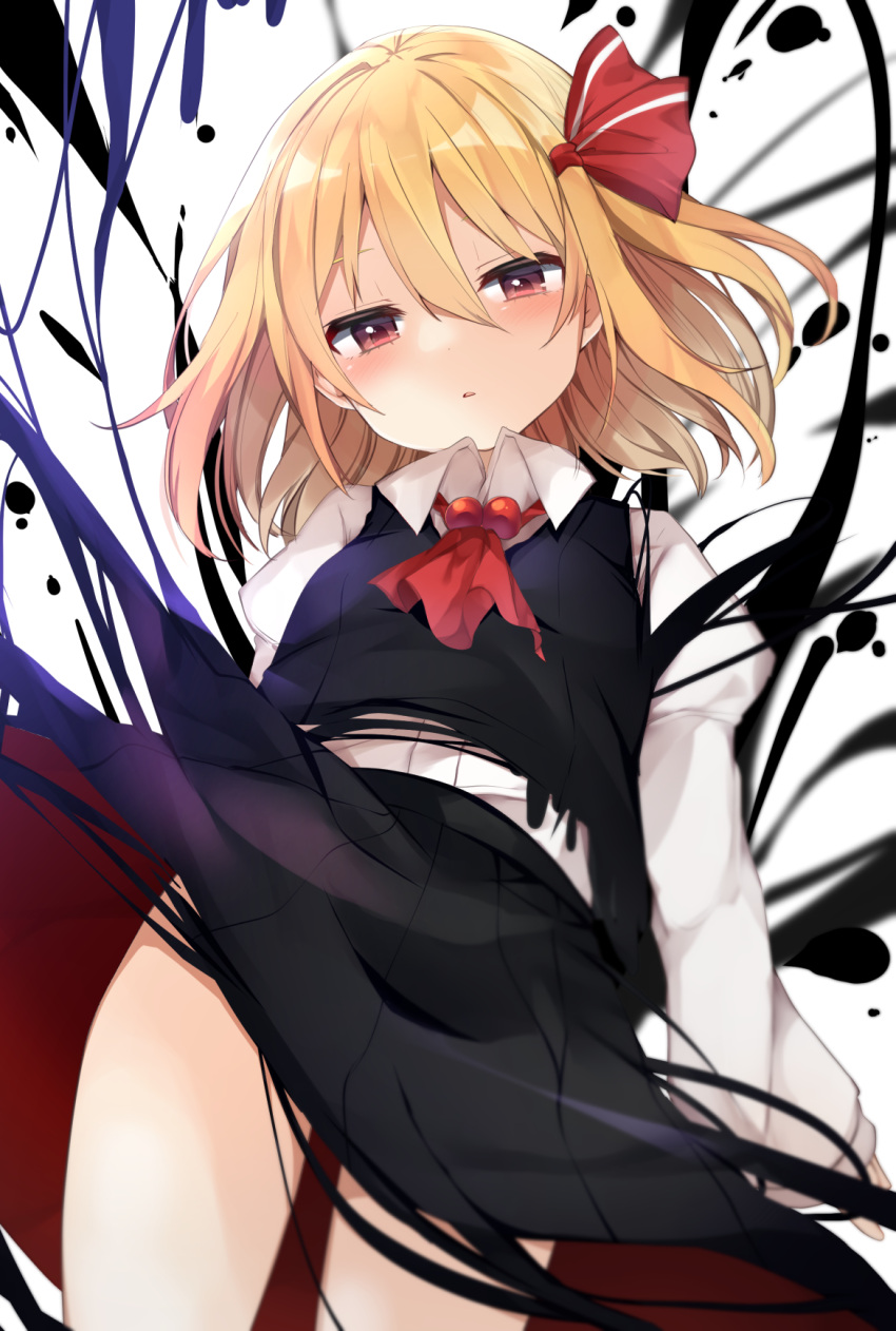 1girl ascot black_skirt black_vest blonde_hair blouse commentary cowboy_shot darkness hair_ribbon half-closed_eyes highres juliet_sleeves karasusou_nano long_sleeves looking_at_viewer parted_lips puffy_sleeves red_eyes red_neckwear red_ribbon ribbon rumia skirt solo touhou vest white_blouse