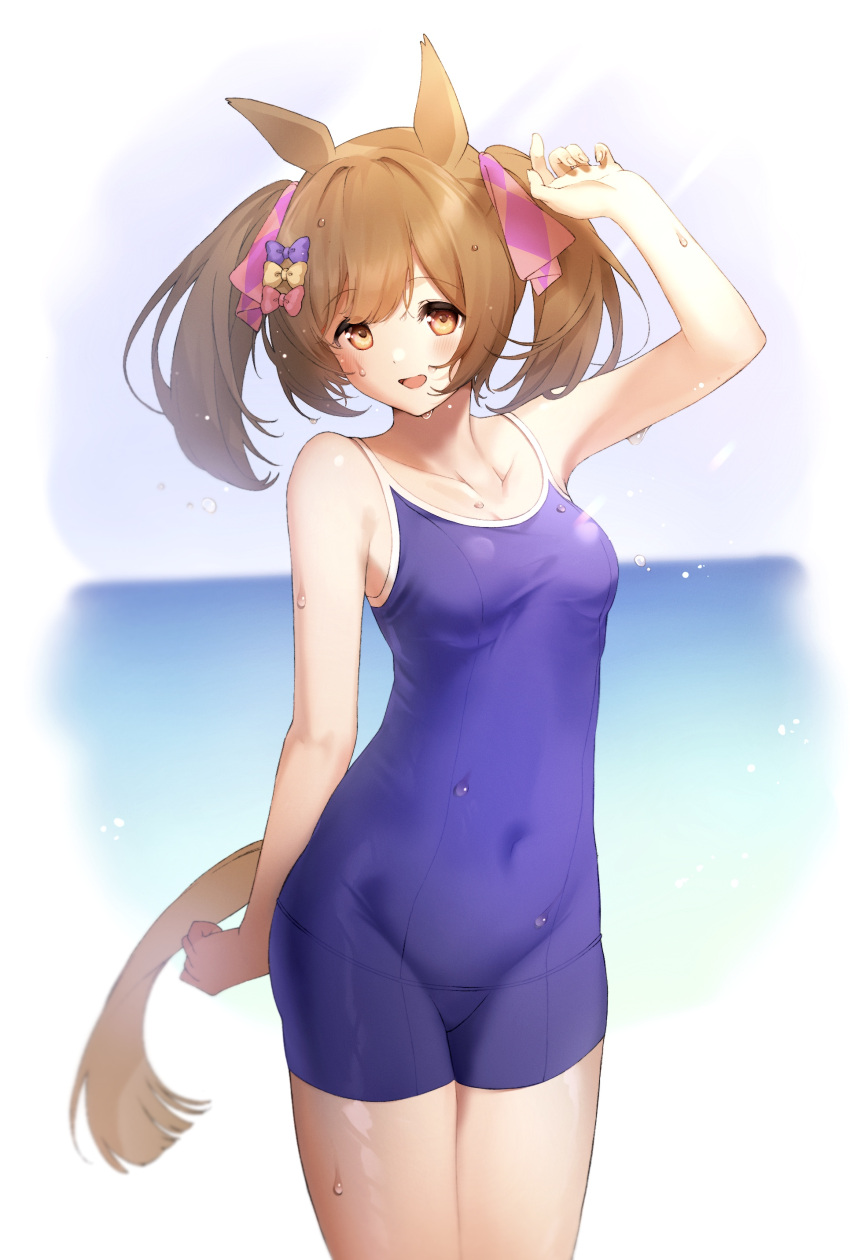 1girl absurdres animal_ears arm_up bangs bare_arms bare_shoulders blue_swimsuit blurry blurry_background blush bow breasts brown_eyes brown_hair commentary_request covered_navel cowboy_shot eyebrows_visible_through_hair hair_bow hair_ribbon highres horse_ears horse_girl horse_tail kiwi0314 long_hair looking_at_viewer one-piece_swimsuit open_mouth pink_bow purple_bow ribbon school_swimsuit small_breasts smart_falcon_(umamusume) smile solo standing swimsuit tail twintails umamusume wet yellow_bow