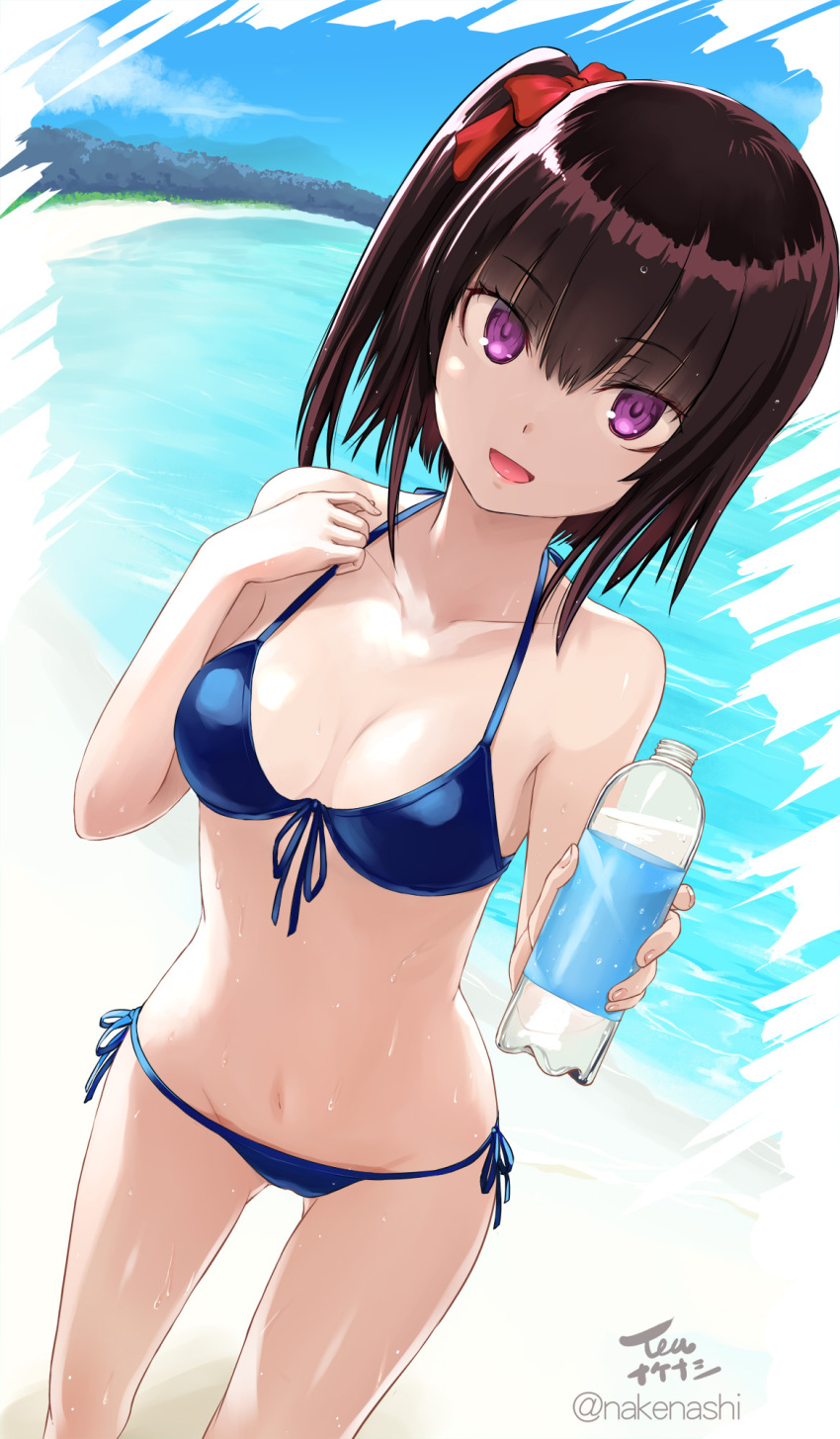 1girl :d bare_arms bare_shoulders beach bikini black_hair blue_bikini bottle bow breasts day front-tie_bikini front-tie_top groin hair_bow halter_top halterneck hand_up highres holding holding_bottle looking_at_viewer medium_hair navel one_side_up open_mouth original outdoors side-tie_bikini small_breasts smile solo standing stomach string_bikini swimsuit tea_(nakenashi) thighs violet_eyes water wet